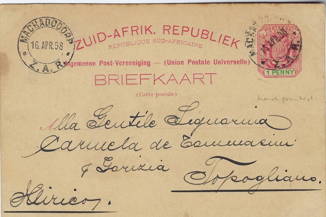 Transvaal (Picture Postal Stationery) 1898 (16 Apr)  1 Penny carmine and green card entitled Greetings from Africa  with image of Native Village on the East Coast, at least partly hand-painted, used from Machadcoorp.