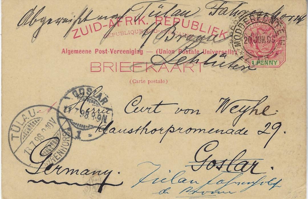 Transvaal (Picture Postal Stationery) 1898 (20 Jun) 1 Penny carmine and green card entitled Greeting from Pretoria with image of Hey’s Park, used from Modderfontein to Germany; good used