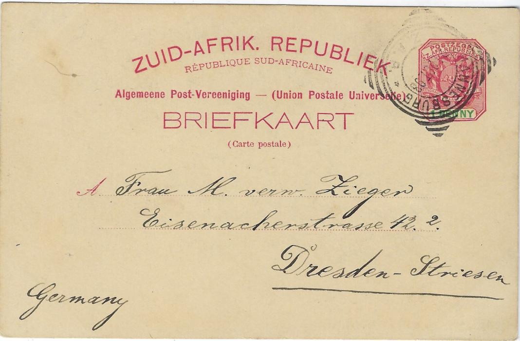 Transvaal 1898 (24 Oct) 1 Penny carmine and green card entitled Greeting from South Africa  with image of Aapies River near Pretoria, used to Dresden; fine condition.