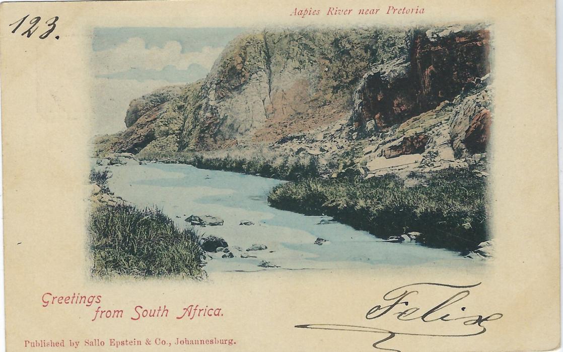 Transvaal 1898 (24 Oct) 1 Penny carmine and green card entitled Greeting from South Africa  with image of Aapies River near Pretoria, used to Dresden; fine condition.