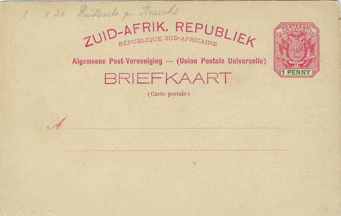 Transvaal (Picture Postal Stationery) Late 1890s 1 Penny carmine and green card entitled Greeting from Pretoria  with image of T.L. & M. Buildings, unused in fine condition.