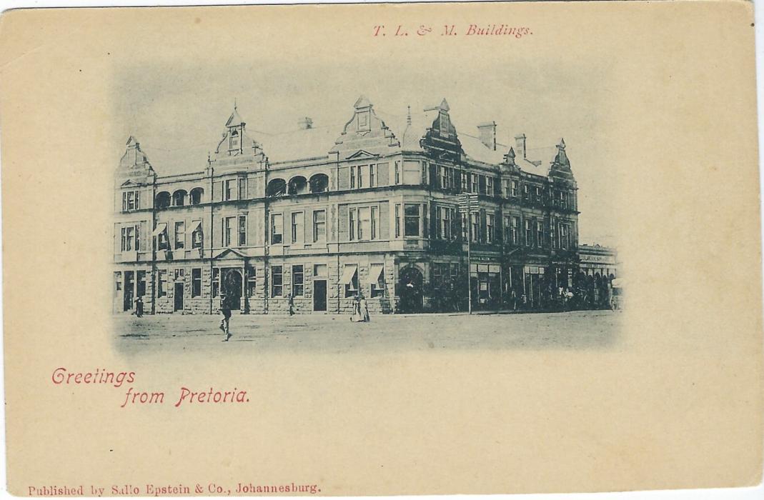 Transvaal (Picture Postal Stationery) Late 1890s 1 Penny carmine and green card entitled Greeting from Pretoria  with image of T.L. & M. Buildings, unused in fine condition.