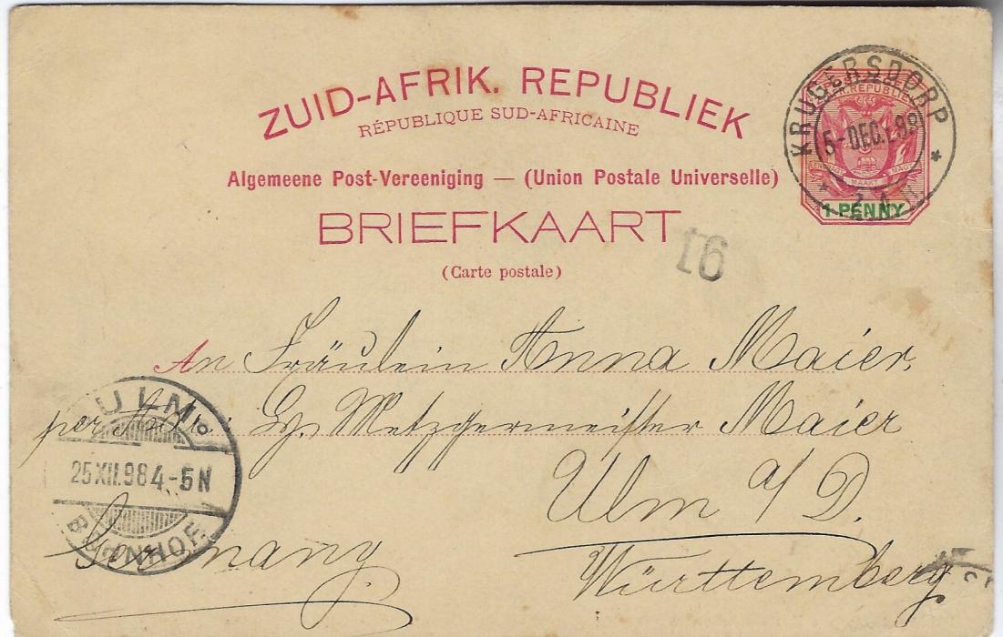 Transvaal (Picture Postal Stationery) 1898 (5 Dec)  1 Penny carmine and green card entitled Greeting from South Africa  with image of Hey’s Park, Pretoria,  used from Krugersdorp to Germany