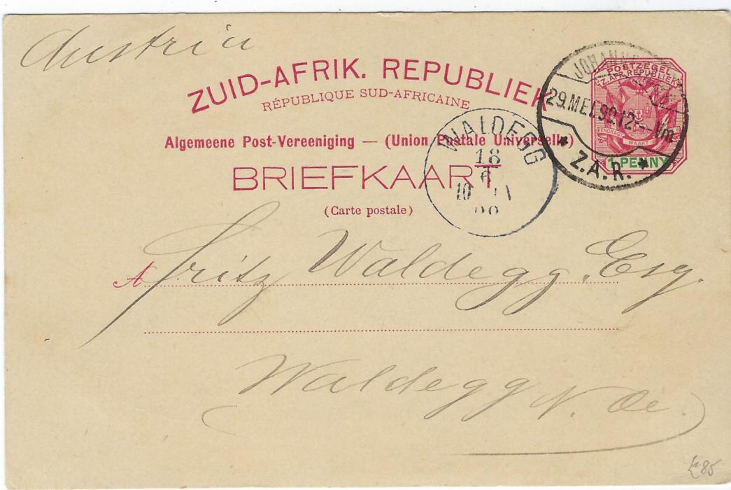 Transvaal (Picture Postal Stationery) 1899 (29 Mei)  1 Penny carmine and green card entitled Greetings from Johannesburg  with image of The Hospital, fine used to Austria.