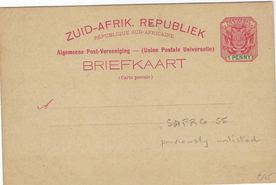 Transvaal (Picture Postal Stationery) Late 1890s  1 Penny carmine and green card entitled Gruss aus Modderfontein with image of untitled buildings (from Dynamite Factory?). Slight overall toning but a very rare view.