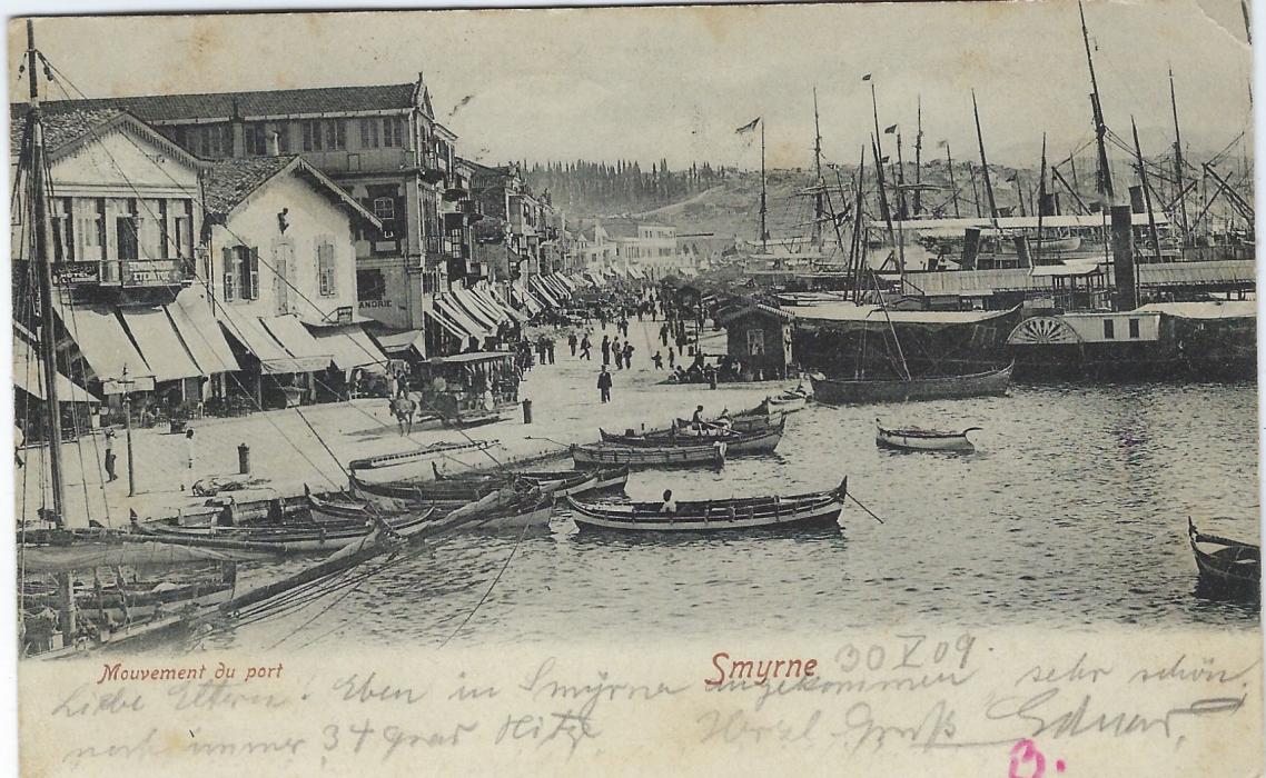 Turkey 1909 picture postcard of Smyrne to Germany where the stamp has become missing and a red illustration in its place, two Alexandria-Constanta maritime cancels, circular framed T handstamp applied in Turkey and blue manuscript charge on arrival