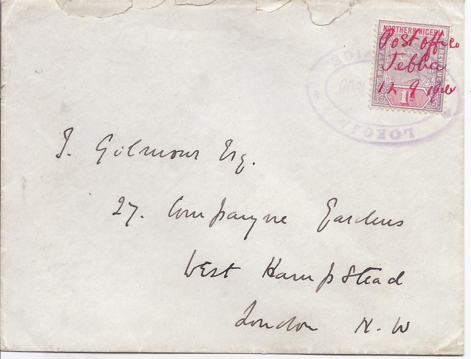 Northern Nigeria 1900 cover to London franked 1d. tied manuscript “Post Office/ Jebba/ 12 9 1900” and cancelled by double-oval Lokoja Post Office date stamp of 14 Sep, this cancel repeated on reverse together with arrival cds; a little roughly opened at top, otherwise fine and rare. 