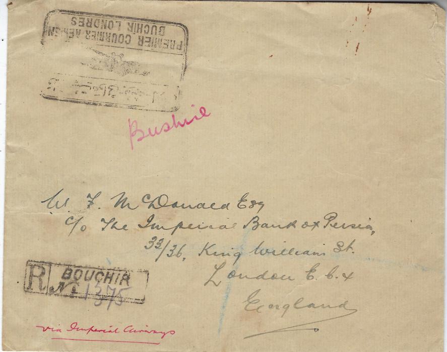 Persia 1929 (6 IV) registered airmail cover, Bouchir to Imperial Bank of Persia, London, Franked on reverse 1926 ‘Regne de Pahlavi’ overprinted 10ch. and 3k. plus 1928-29 Airmail overprint 5ch. strip of three, obverse with registration handstamp and bilingual illustrated First Flight cachet Buchir – Londres.