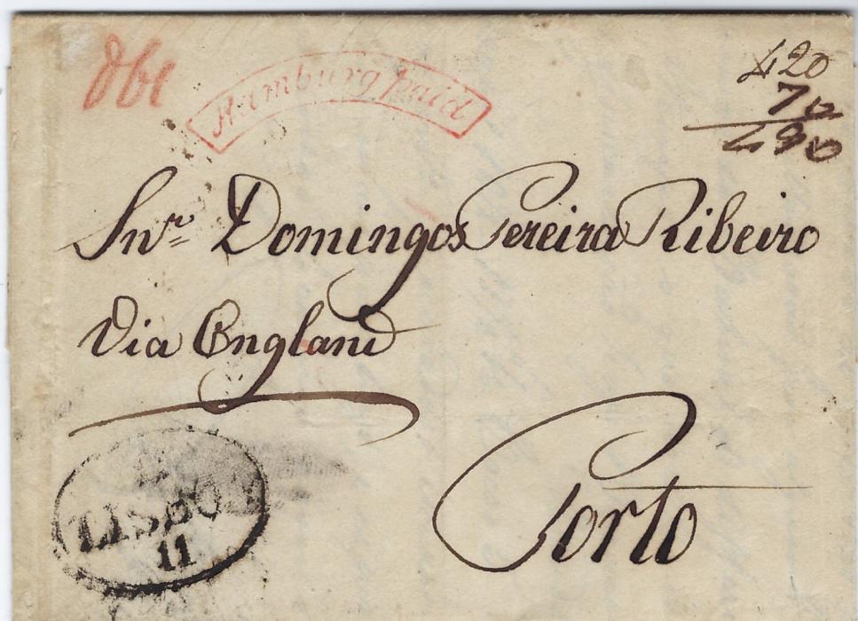 German States (Hamburg) 1822 (15 Oct) entire (with two messages, earlier dated 3/8) to Porto, Portugal  bearing a fine example of the rare cursive framed Hamburg Paid, routed via London transit backstamps, obverse with Lisboa transit and manuscript accountancy. Only a few of these handstamps recorded.
