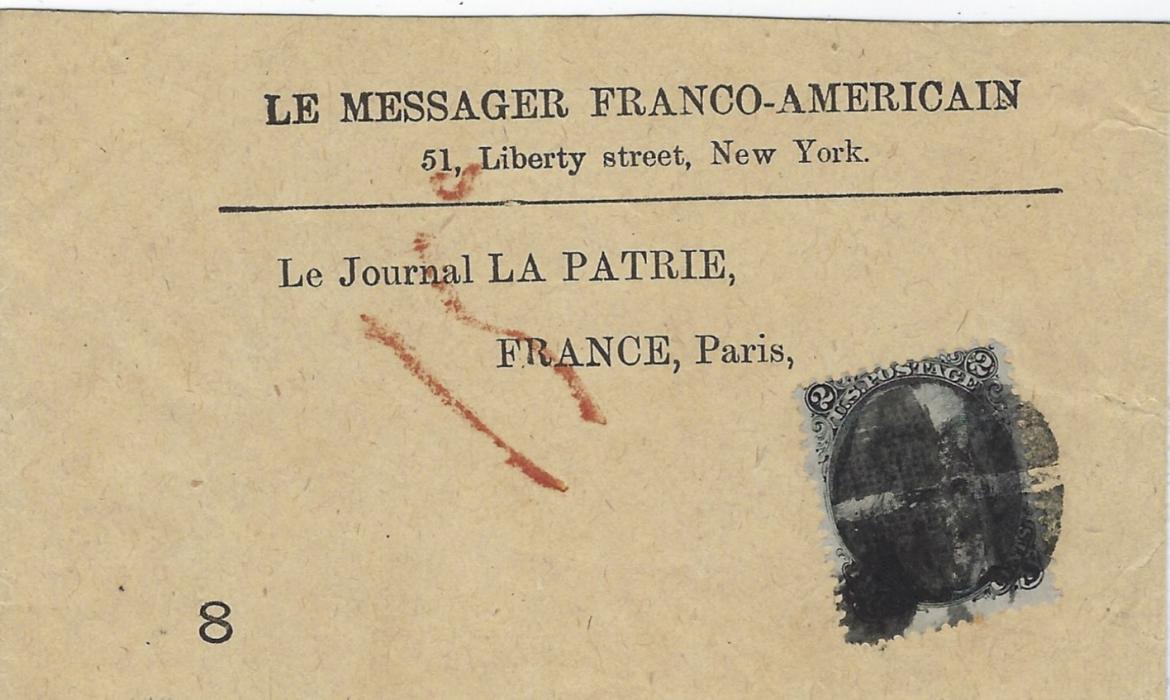 United States 1860 2C. Andrew Jackson with small grill, Scott 93, tied to small ‘Le Messager Franco-Americain’ wrapper by segmented cork cancel, red French accountancy at centre, without backstamps; fine condition.