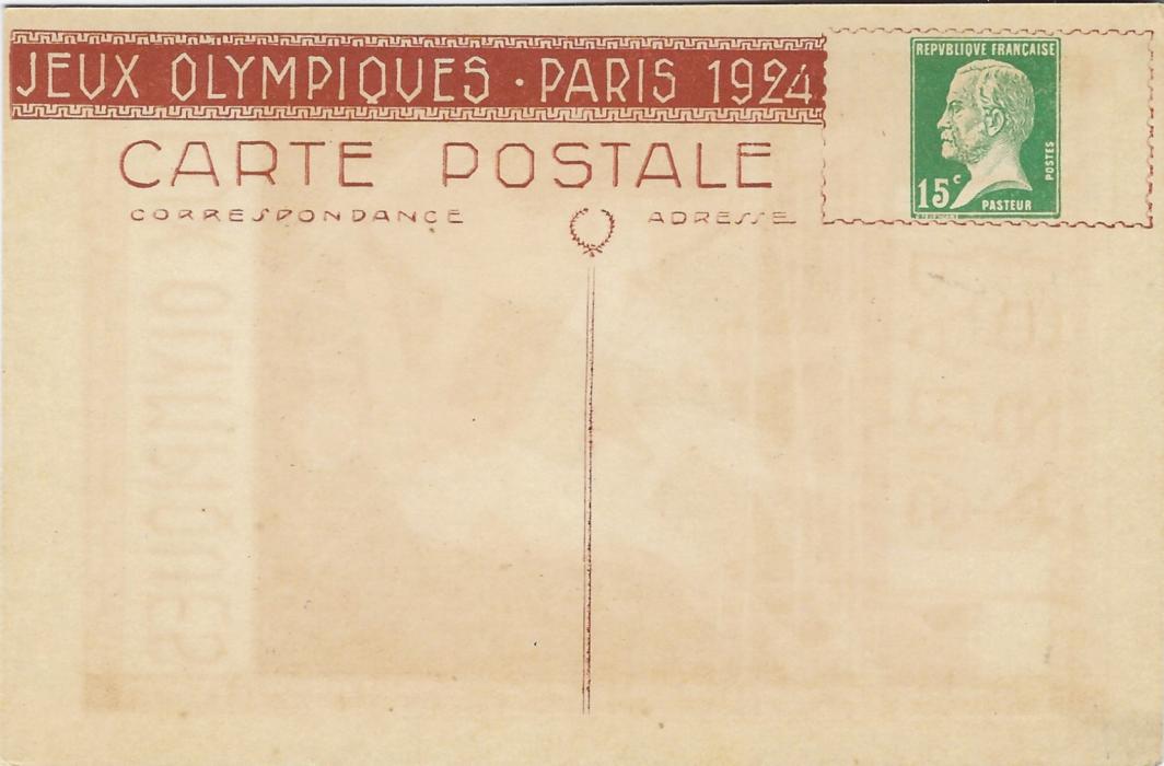 France (Olympics) 1924 Paris Olympics 15c. Type Pasteur# stationery card with black and brown Boxing image; good unused