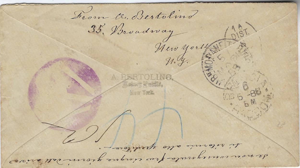 United States 1888 (4.23.) registered cover to Brescia, Italy bearing single franking 1879 15c. red-orange cancelled with oval New York Reg date stamp and and similar dated cancel, registration label to left, reverse with Italian tpo and arrival cds; some slight ageing.