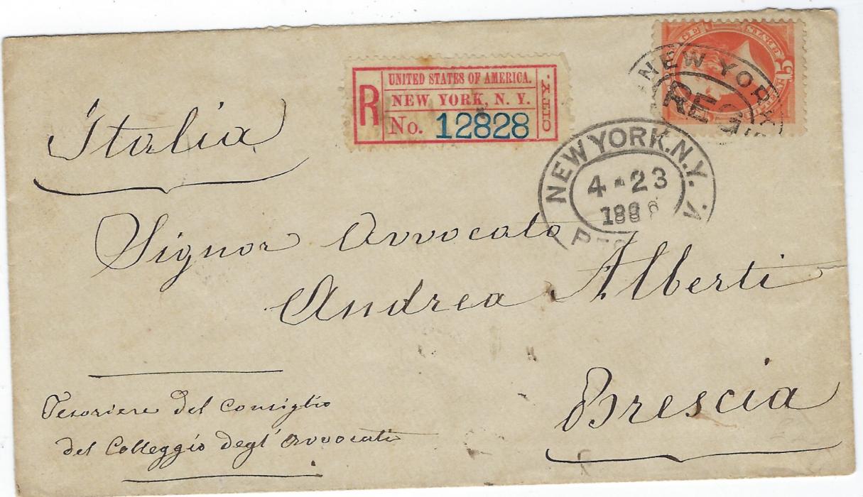 United States 1888 (4.23.) registered cover to Brescia, Italy bearing single franking 1879 15c. red-orange cancelled with oval New York Reg date stamp and and similar dated cancel, registration label to left, reverse with Italian tpo and arrival cds; some slight ageing.