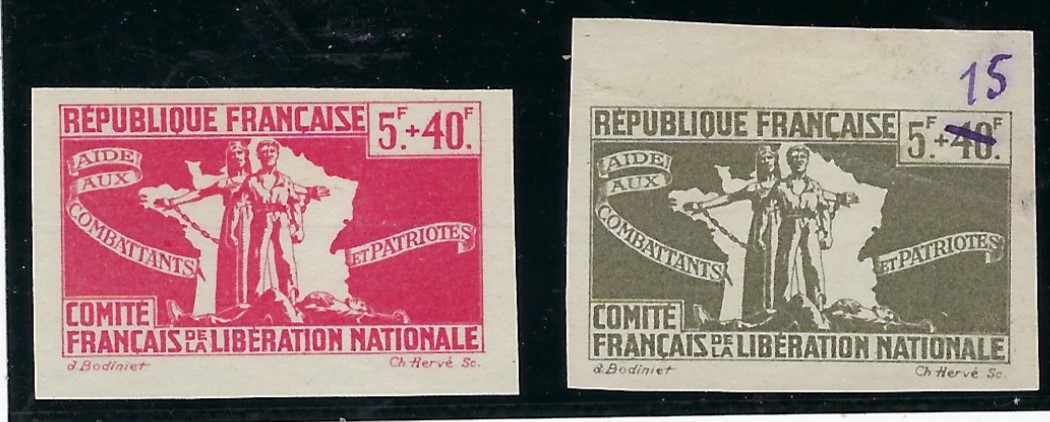 French Levant (French Committee of National Liberation) 1943 Aid to Resistance imperforate proofs for a 5f+40f in red and top marginal 5f+40f in grey, the ‘40’ erased and “15” added in manuscript, unused without gum.