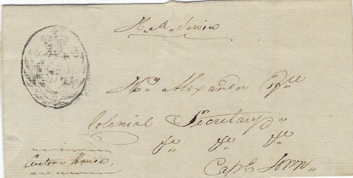 South Africa (Cape of Good Hope) Undated outer letter sheet to Colonial Secretary, Cape Town bearing oval handstamp ‘Post Office Cape of Good Hope’ with ‘GR’ initials at centre. In 1805 on occasion of the second British Occupation prepayment of mail became compulsory and handstamped.