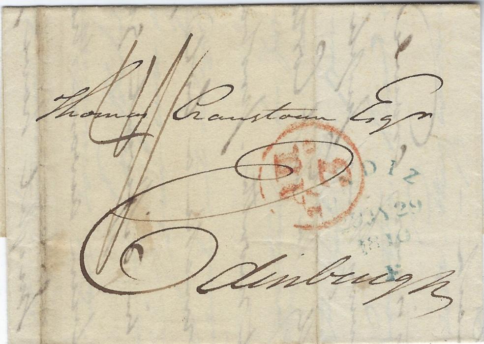Great Britain 1810 double rate “4/4” entire from Cadiz to Edinburgh, without despatch cancels as handed into the British Consulate after the regular mail had closed and too late to be included in the mail bag and thus carried loose to Falmouth where an unframed cursive CADIZ/ 29 JY 29/1810/F date stamp was applied, red arrival cancel; good condition.