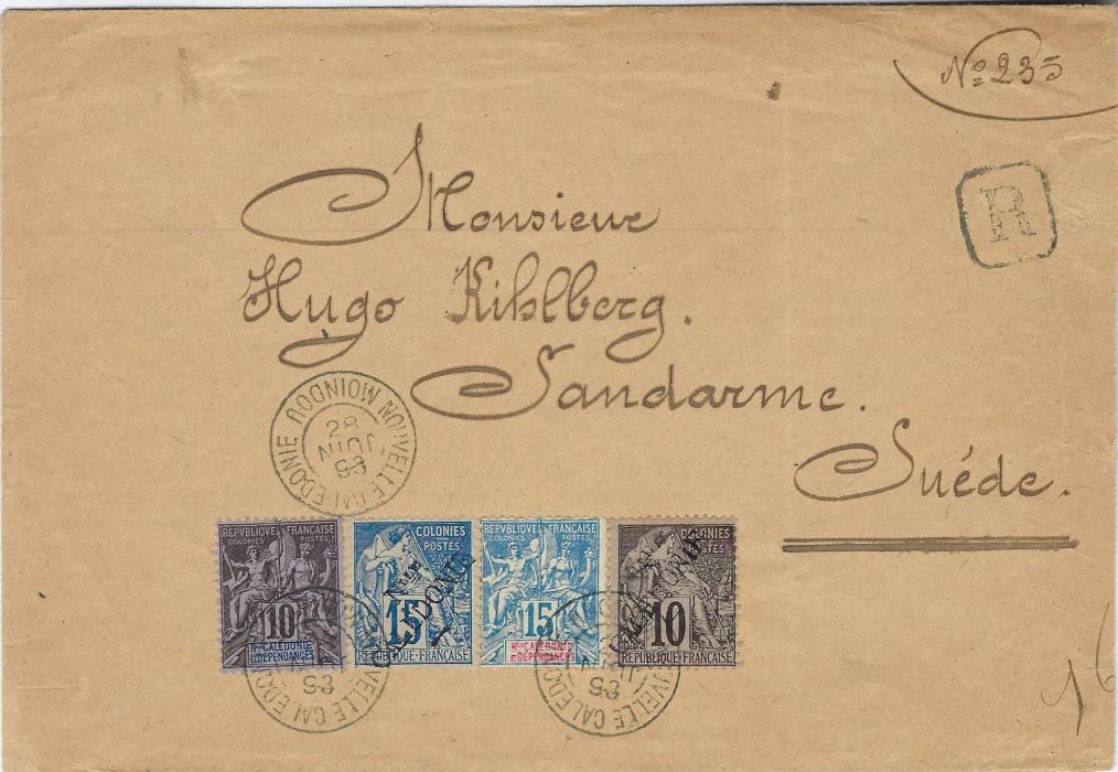 New Caledonia 1893 (28 Juin) registered cover to Sandarna, Sweden bearing mixed issue franking 1892 10c. and 15c. with diagonal overprints and 1892 Group Type 10c. and 15c. tied by two Nouvelle Caledonie Moindou (showing inverte month in cancel), reverse with Noumea transit and Napoli transit and Swedish cancel at top.