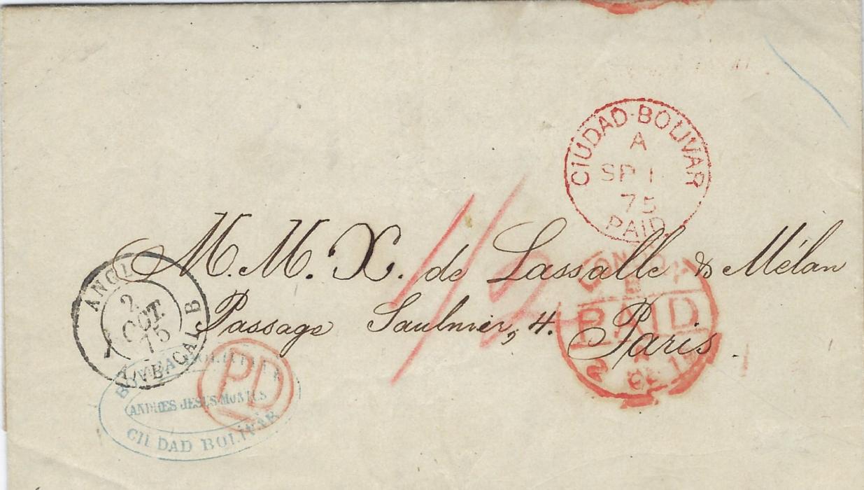 Great Britain (Venezuela) 1875 (SP 1) fine illustrated ‘Botica Boliviana’ entire to Paris bering good strike in red of Ciudad Bolivar Paid cds, rated “1/2”, circular-framed PD, London transit and Calais entry cds, arrival backstamp. Part on entire only scanned.
