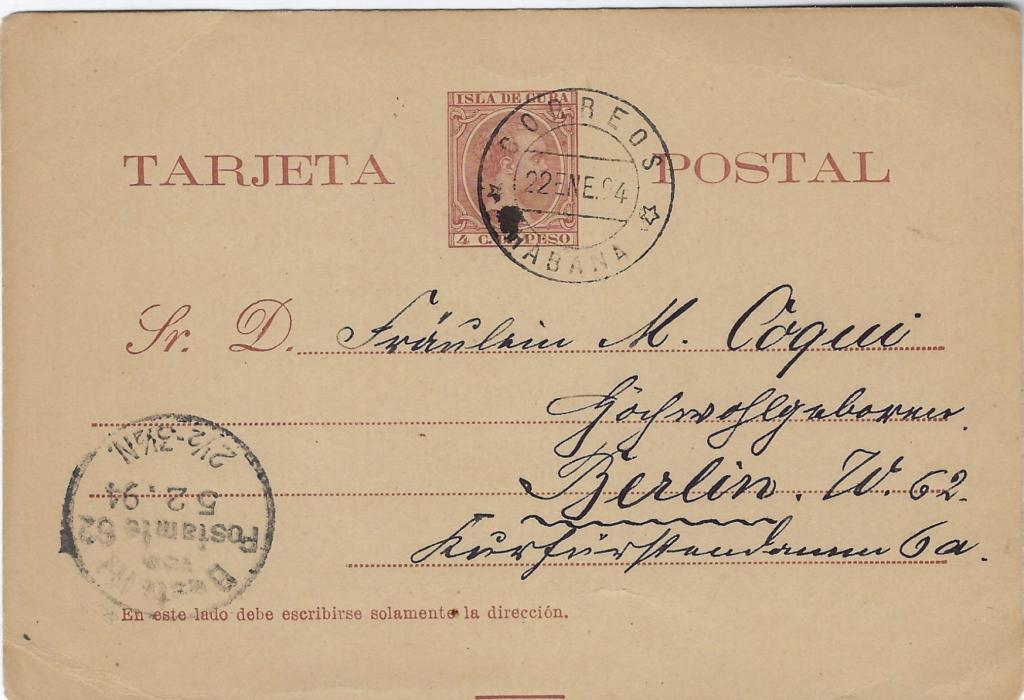 Cuba 1894 (22 Ene) 4 c.de Peso brown postal stationery card of unframed 1892 issue, to Berlin cancelled double-ring Correos Habana cds, arrival cancel bottom left, with full message on reverse; light bottom left corner crease, a good clean example.