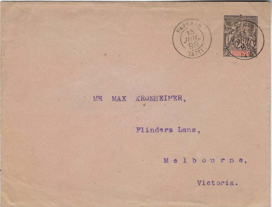 French Oceanic Settlements 1898 (15 Juil)  25c. postal stationery envelope, 146 x 112mm, used to Melbourne, Australia tied double ring Papeete Taiti cds with another clear cds alongside, reverse with fine strike M.O. & S.B St. Kilda Ry Stn of AU 6.