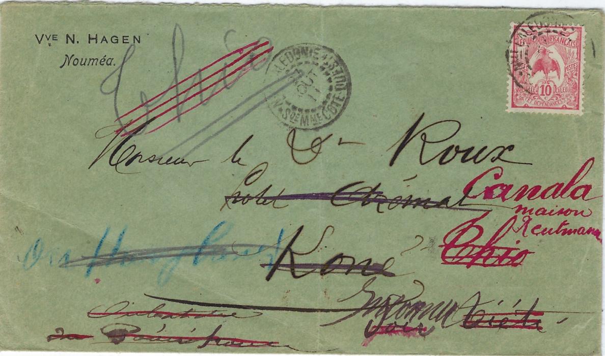 New Caledonia 1911 (27 Aout) local 10c. cover from Noumea to Kone, redirected with eighteen cancels on reverse with dates to 16 Oct, some repeating themselves like Pounerihouen of 10/9 and 16/10; central vertical filing crease.