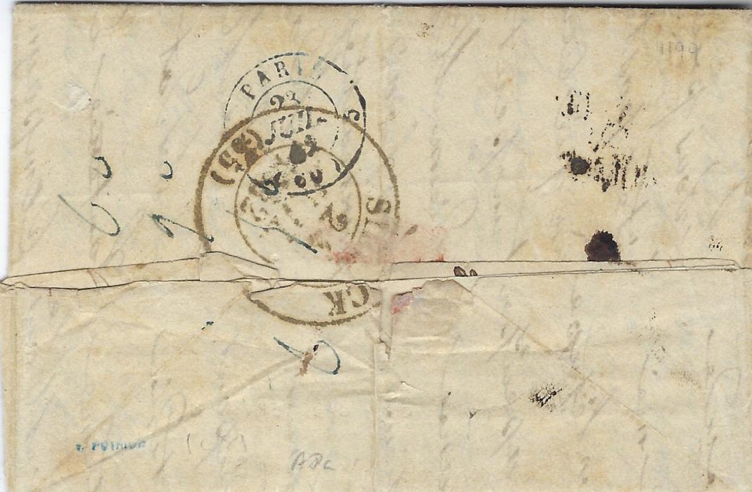 Guadeloupe 1842 (8 Juin) entire to France with bold strike of POSTE/ DU/ MOULE despatch with red French entry cds at right, reverse with Paris transit of 23 Juin and arrival of next day; central vertical filing crease.
