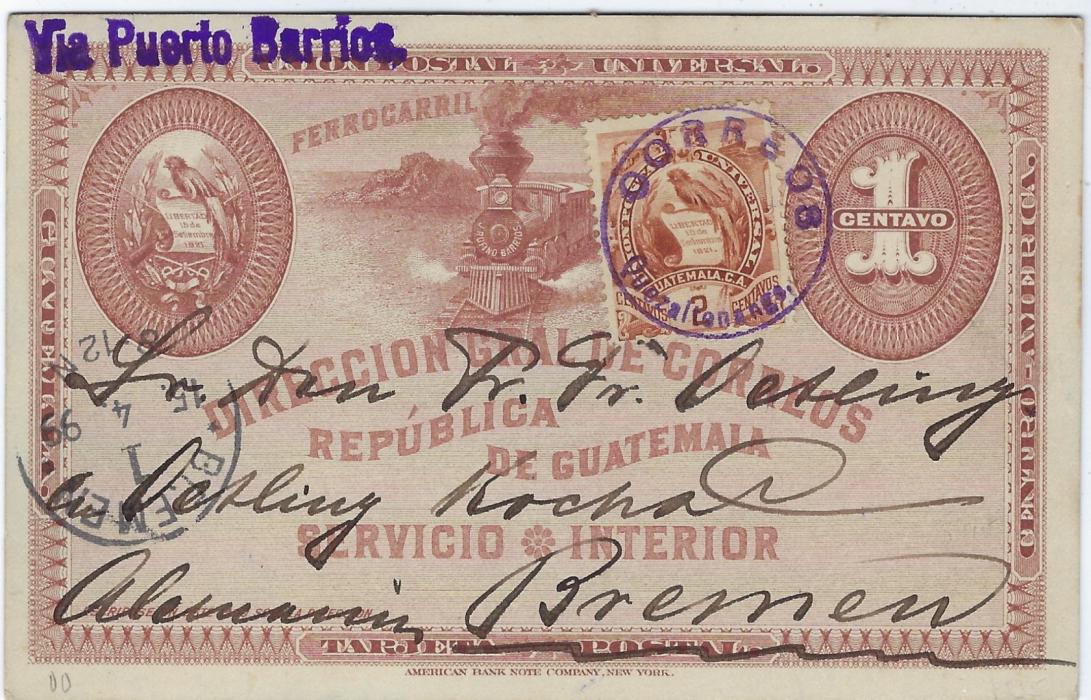 Guatemala (Picture Postal Stationery) 1899 1c. illustrated train stationery card uprated 2c.  to Bremen tied Quetzaltenango cds. Obverse has fine blue image of Westerner posing with his horse.