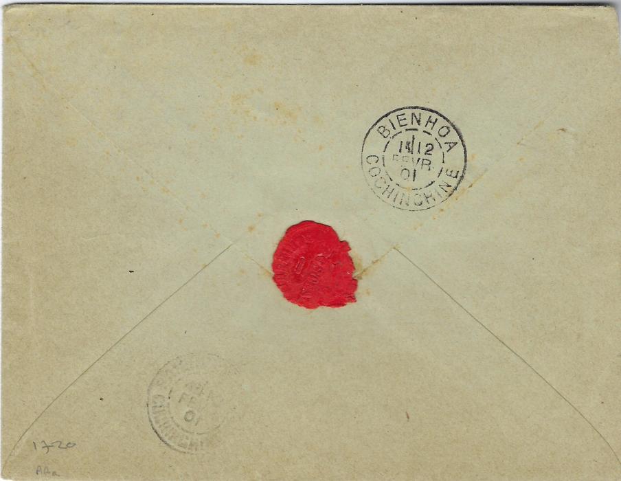 Indo China 1901 (12 Fevr) 15c. blue postal  stationery envelope, 146 x 112mm sent registered to Saigon and uprated 1892-96 25c. tied by Tan-Huyen Cochinchine cds with another fine strike alongside, octagonal framed ‘R’ at left with manuscript number, reverse with Bienhoa Cochinchine transit and arrival cds; fine legible cancels.