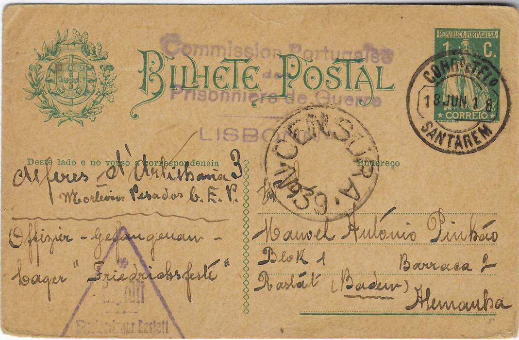 Portugal (Prisoner of War) 1918 (18 Jun) 1c Ceres postal stationery card to Rastadt, Germany cancelled by fine Santarem cds, Censura N39 handstamp and four-line violet Commission Portugaise/ des/ Prisonniers de Guerre/ LISBONNE; good condition for these.