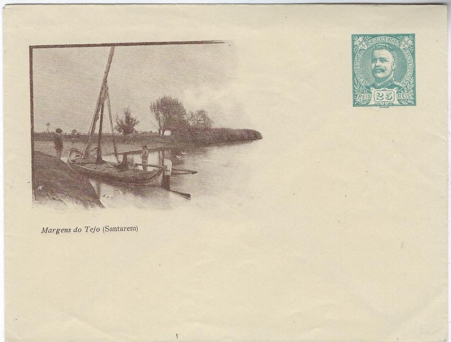 Portugal 1908 25r. milky blue stationery envelope with fine brownish image at left entitled ‘Margens do Tejo (Santarem); fresh unused
