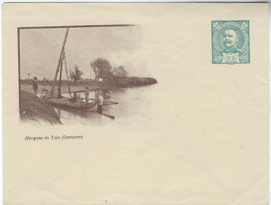 Portugal 1908 25r. milky blue stationery envelope with fine brownish image at left entitled ‘Margens do Tejo (Santarem); fresh unused