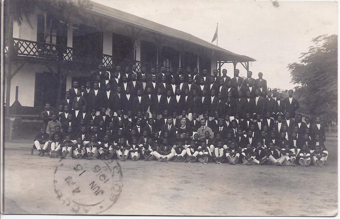 Gold Coast 1916 photographic picture postcard of a school group to Switzerland franked 1d. tied Accra date stamp, censor cachet at centre, redirected internally upon arrival.