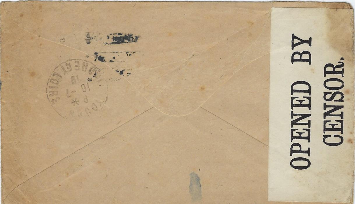 Russia (British Forces Intervention in North Russia) 1919 (28 JU) stampless cover to Hampstead, London redirected to St Louis Institution, Tours, France cancelled by Field Post Office P.B. 77, then at Emetskoe, London cancel of Jul 14 and Tours arrival backstamp of 16th. Small violet circular censor No. 65 R and OPENED BY CENSOR P.W. 214 censor tape. A rare F.P.O.
