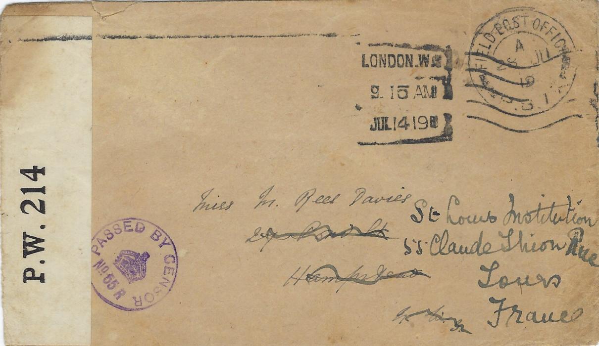 Russia (British Forces Intervention in North Russia) 1919 (28 JU) stampless cover to Hampstead, London redirected to St Louis Institution, Tours, France cancelled by Field Post Office P.B. 77, then at Emetskoe, London cancel of Jul 14 and Tours arrival backstamp of 16th. Small violet circular censor No. 65 R and OPENED BY CENSOR P.W. 214 censor tape. A rare F.P.O.