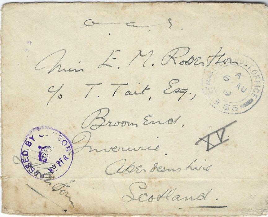 Russia (British Forces Intervention in North Russia) 1919 (6 AU) stampless “O.A.S.” to Inverness, Scotland cancelled Field Post Office P.B. 66, used at Obozerskaya, violet censor handstamp No. 27 R overstriking Officer/censors signature; some slight staining.