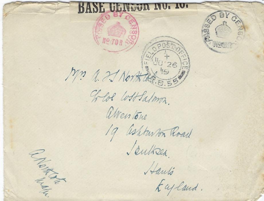 Russia (British Forces Intervention in North Russia) 1919 (JU 26) censored stampless cover to England with Field Post Office P.B.55 cds, then at Beresnik, black (No.28) and red (No. 708) censor cachets, the latter tying tape OPENED BY/BASE CENSOR NO. 16; some slight faults to edges of envelope.