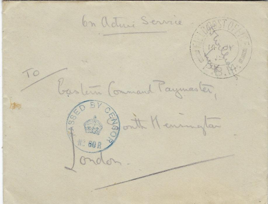 Russia (British Forces Intervention in North Russia) 1919 (14 JY) censored stampless “On Active Service” envelope to London cancelled by Field Post Office P.B. 14 cds of Sadllier-Jackson’s 238 Brigade in the Drvina Force, overstruck by signature of Officer,  blue Passed By Censor No. 60 R crown handstamp; good condition.