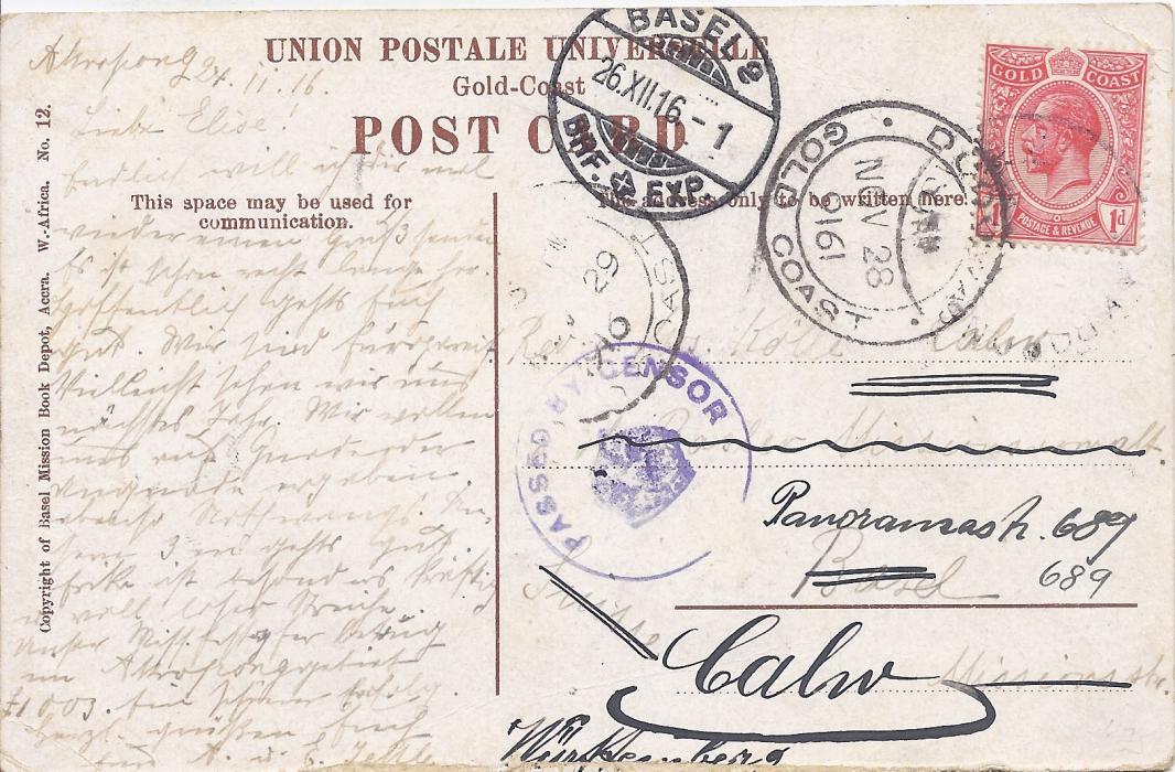 Gold Coast 1916 picture postcard of Abokobi to Switzerland franked 1d., written from Akropong with unclear despatch date stamp, Dodowa cds alongside showing inverted year slug ‘9161’, censor cachet at centre, Basel arrival cds.