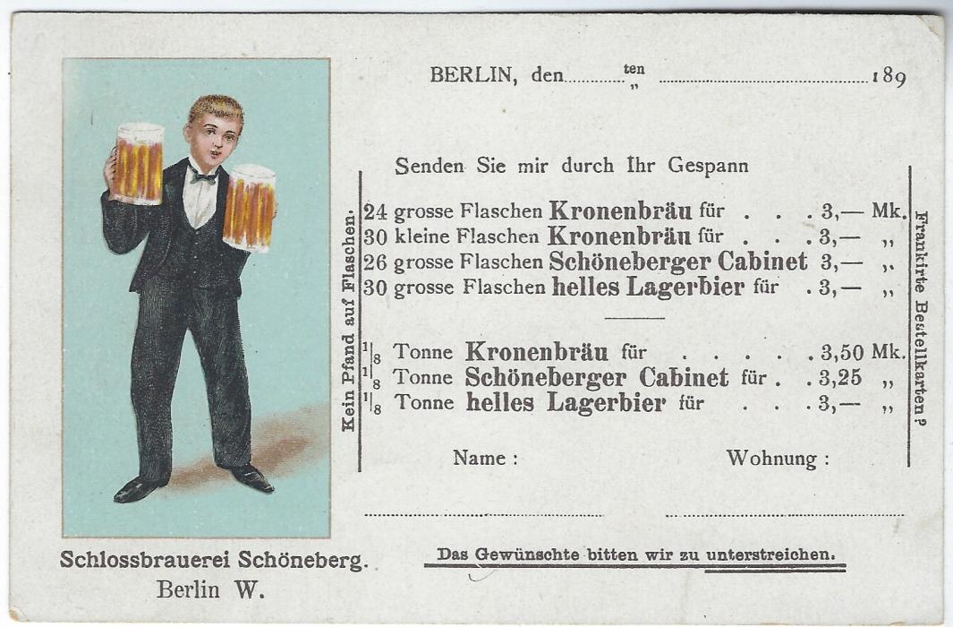 Germany 1900s 5pf. Berlin Schlossbrauerei Schoneberg  order card good unused, PP9 B 11/02.