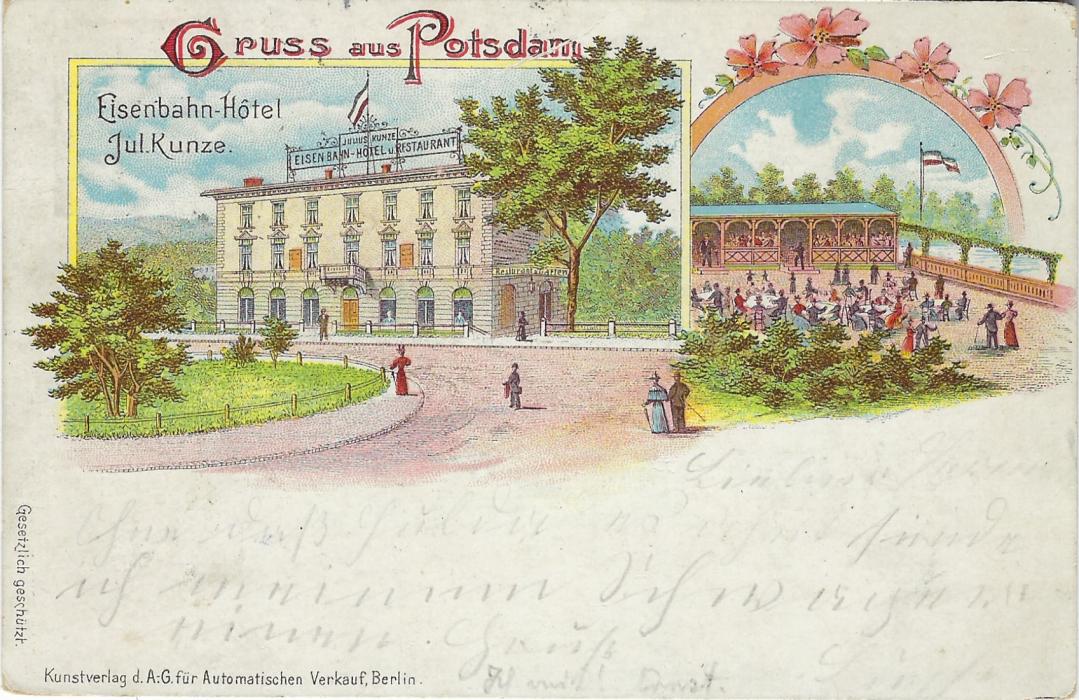 Germany (Picture Stationery) 1898 5pf. card with chromo litho image ‘Gruss aus Potsdam/ Eisenbahn Hotel’ (Railway Hotel), good used to Kiel. PP9 F81/05