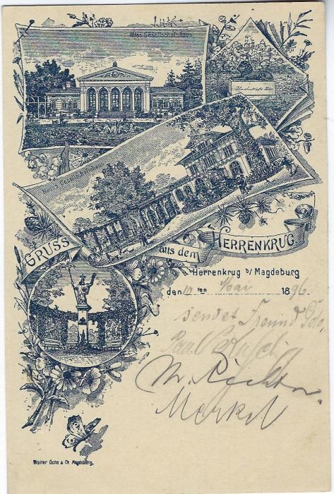 Germany (Picture Stationery) 1896 5pf. card ‘ Gruss aus dem Herrenkrug’ with multi image including at bottom left a Butterfly, fine used from Magdeburg to Ruhland.