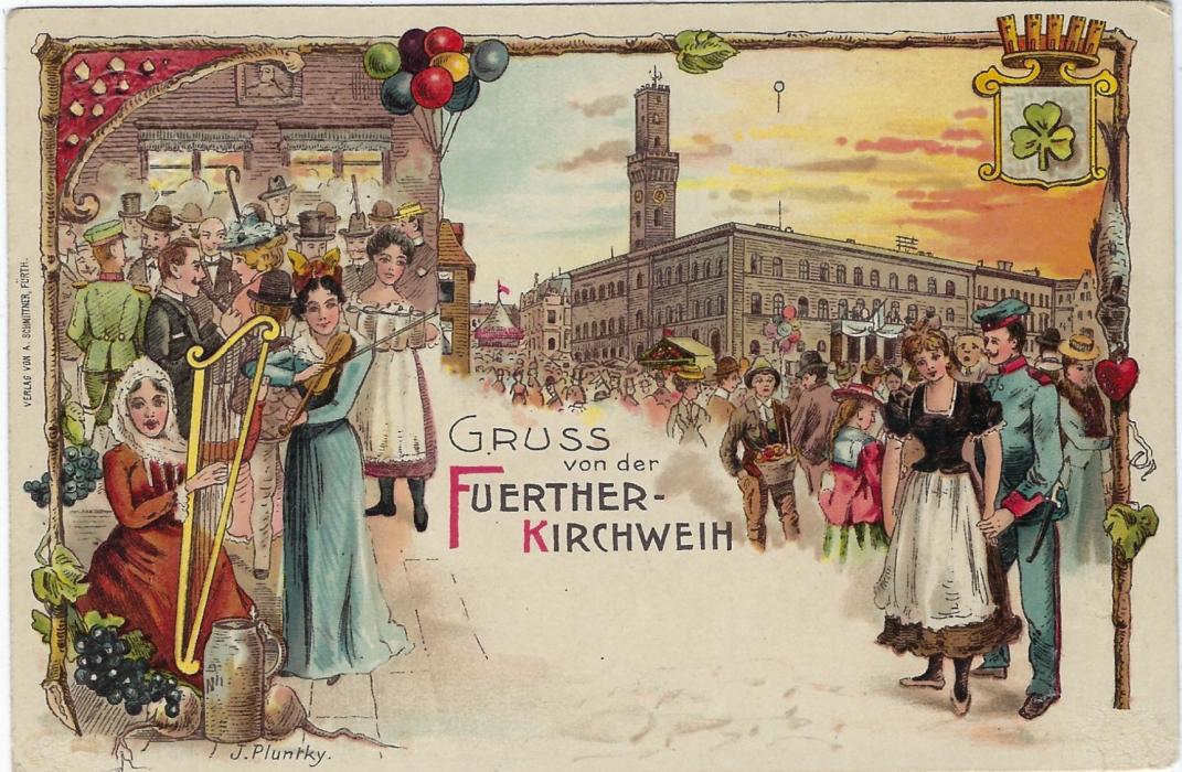 Bavaria (Picture Stationery) 1900s 2pf. + 3pf. card ‘Gruss von der Fuerther-Kirchweih’ depicting crowd scene and musicians including a lady playing a Harp, slight corner bumps, unused.