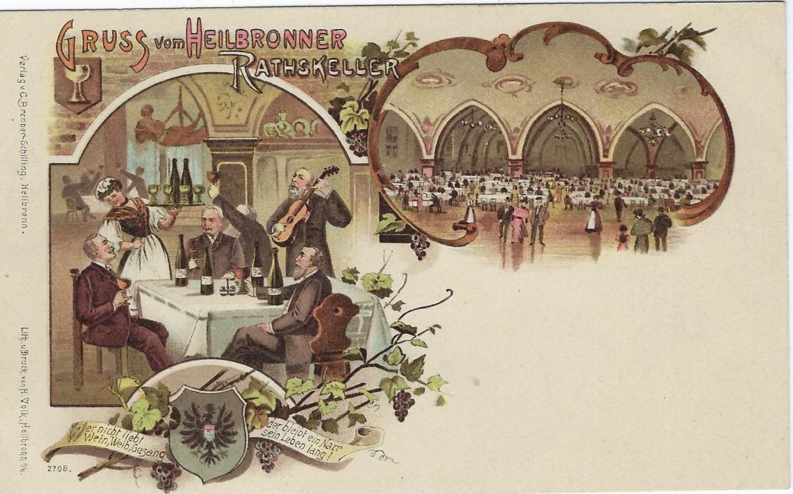 Wurttemberg (Picture Stationery) 1890s 5pf card titled ‘Gruss vom Heilbronner Rathskeller’, Postkarte type II, depicting the Restaurant and a specific table with wine drinking and music; fine unused. PP11 F.8 05