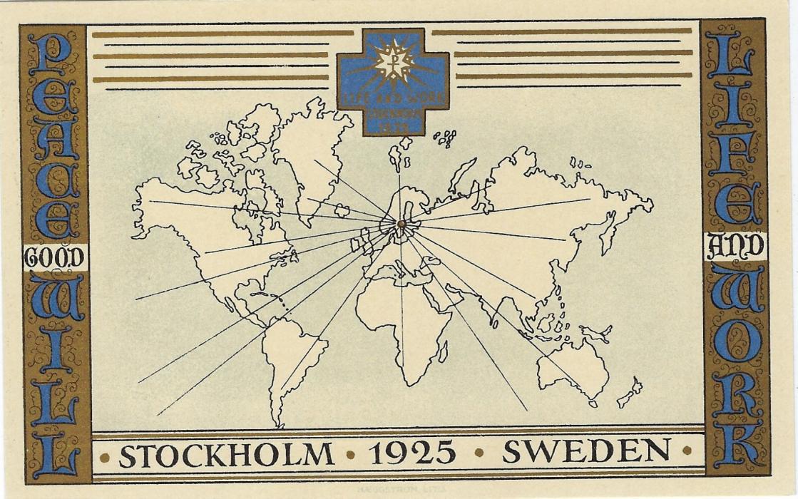Sweden (Picture Stationery) 1925 10o private card with illustrated of Map and inscription Peace Good Will at left and Life and Work at right, for a 1925 meeting at Stockholm; fine unused.