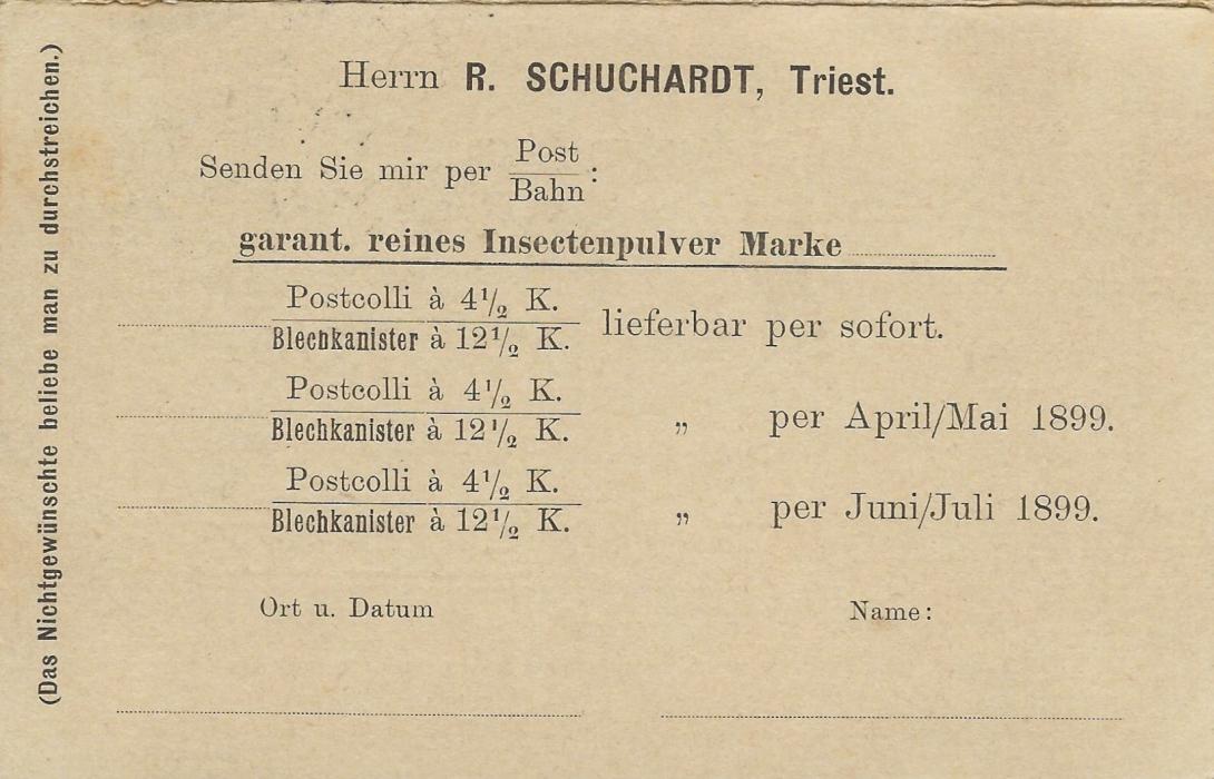Austria (Advertising Stationery) 1899 (1/3) 2k reply card from Triest to Darmstadt offering Insect Powder with despatch side, an order form, the advertisement and the reply card unused.