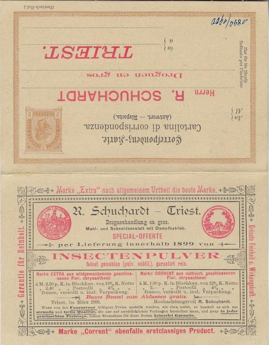 Austria (Advertising Stationery) 1899 (1/3) 2k reply card from Triest to Darmstadt offering Insect Powder with despatch side, an order form, the advertisement and the reply card unused.