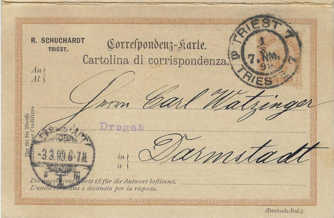 Austria (Advertising Stationery) 1899 (1/3) 2k reply card from Triest to Darmstadt offering Insect Powder with despatch side, an order form, the advertisement and the reply card unused.