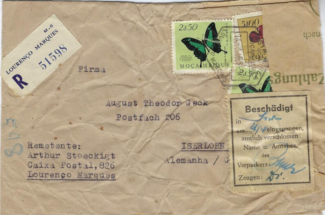 Mozambique (Damaged Mail) 1955 registered cover to Iserlohn, Germany franked 2$50 Butterfly (2) and $5 Fish tied Lourenco Marques hexagonal date stamp, envelope found damaged on arrival and sealing tape used and Post Office Damaged label applied and signed.