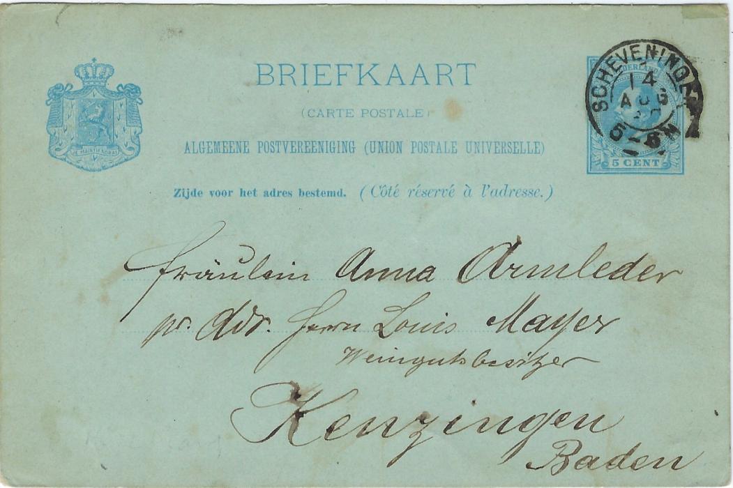 Netherlands (Picture Stationery - Hotel) 1889 5C. card with a one-third image entitled Hotel Deutschmann, Scheveningue used to Kenzingen, Germany; with full message, some slight toning.