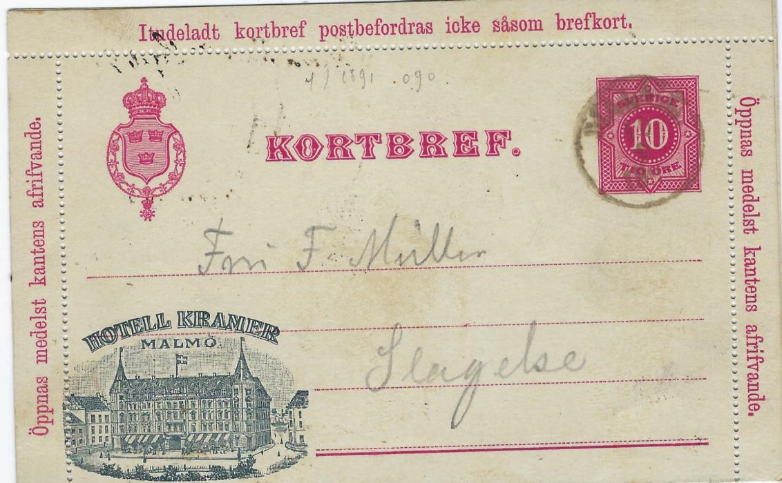 Sweden (Picture Stationery - Hotel) 1894 10 ore letter card with at bottom left small image entitled Hotel Kramer, Malmo, datelined from the Hotel to Slagelse with arrival backstamp, full message.